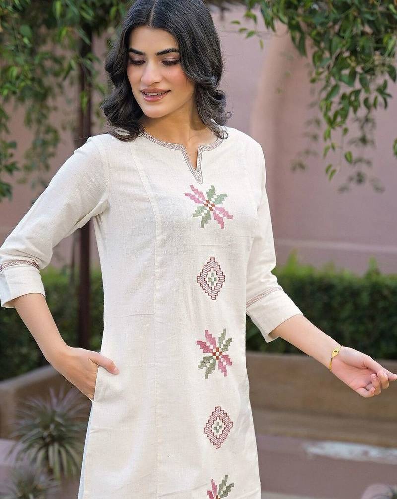 Embroidered Beige Cotton Blend Co Ords for Women