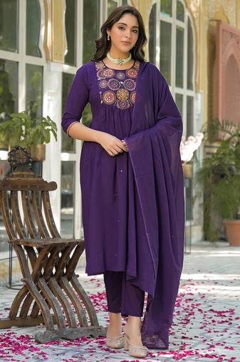 Women Ethnic Motifs Embroidered Empire Mirror Work Kurta with Trousers & With Dupatta