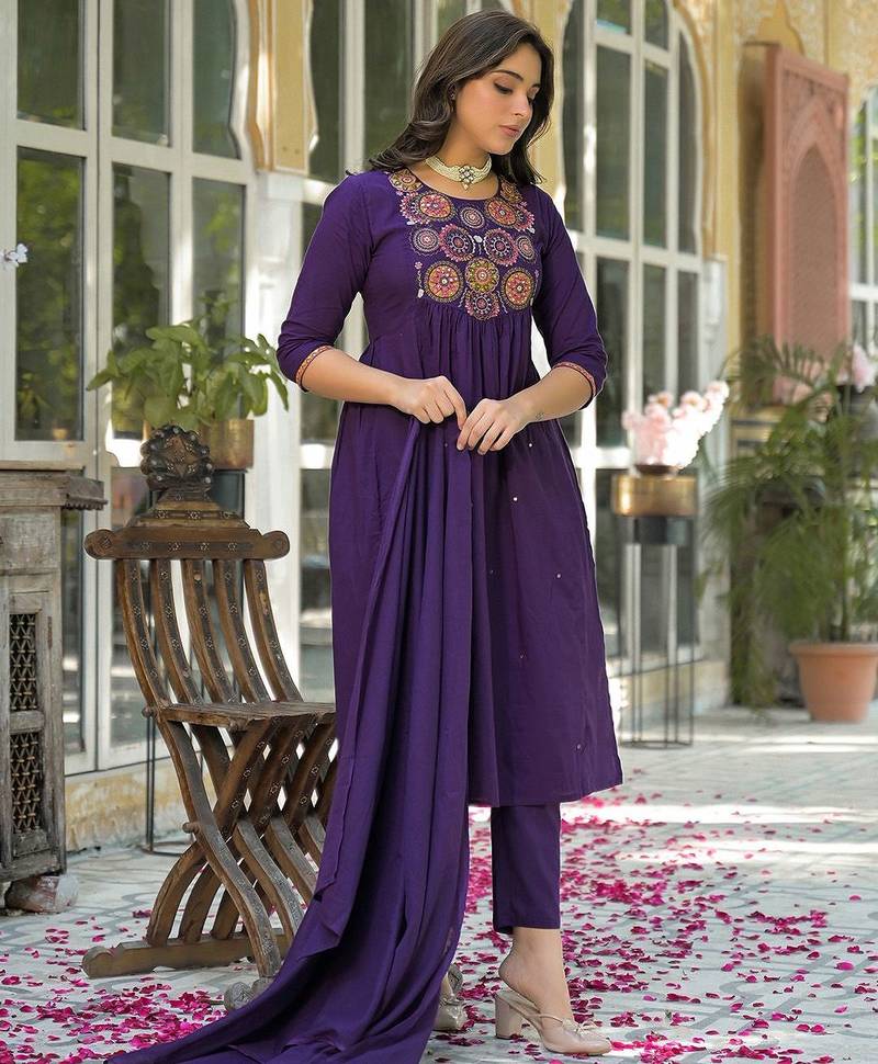 Women Ethnic Motifs Embroidered Empire Mirror Work Kurta with Trousers & With Dupatta