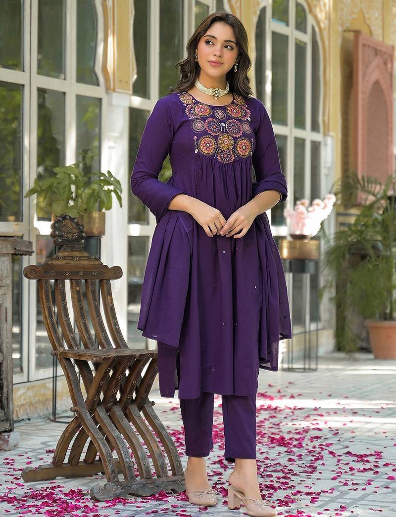Women Ethnic Motifs Embroidered Empire Mirror Work Kurta with Trousers & With Dupatta