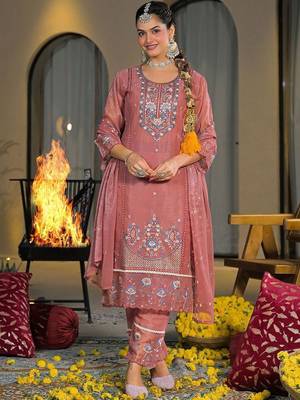 Women Ethnic Motifs Embroidered Regular Thread Work Silk Chiffon Kurta with Trousers & With Dupatta 1