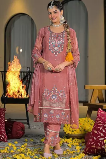 Women Ethnic Motifs Embroidered Regular Thread Work Silk Chiffon Kurta with Trousers & With Dupatta