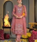 Women Ethnic Motifs Embroidered Regular Thread Work Silk Chiffon Kurta with Trousers & With Dupatta