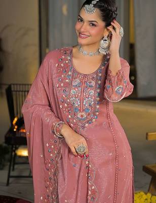 Women Ethnic Motifs Embroidered Regular Thread Work Silk Chiffon Kurta with Trousers & With Dupatta 2