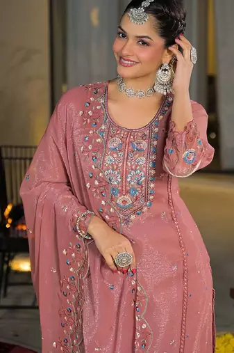 Women Ethnic Motifs Embroidered Regular Thread Work Silk Chiffon Kurta with Trousers & With Dupatta