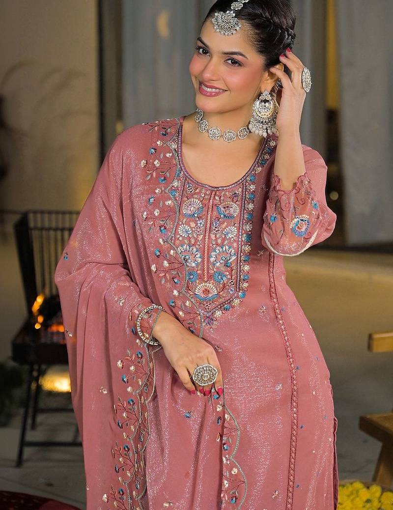 Women Ethnic Motifs Embroidered Regular Thread Work Silk Chiffon Kurta with Trousers & With Dupatta