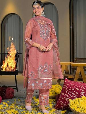 Women Ethnic Motifs Embroidered Regular Thread Work Silk Chiffon Kurta with Trousers & With Dupatta 4