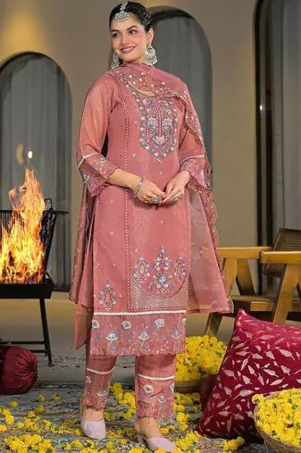 Women Ethnic Motifs Embroidered Regular Thread Work Silk Chiffon Kurta with Trousers & With Dupatta
