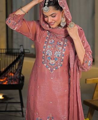 Women Ethnic Motifs Embroidered Regular Thread Work Silk Chiffon Kurta with Trousers & With Dupatta 5