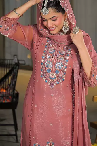Women Ethnic Motifs Embroidered Regular Thread Work Silk Chiffon Kurta with Trousers & With Dupatta
