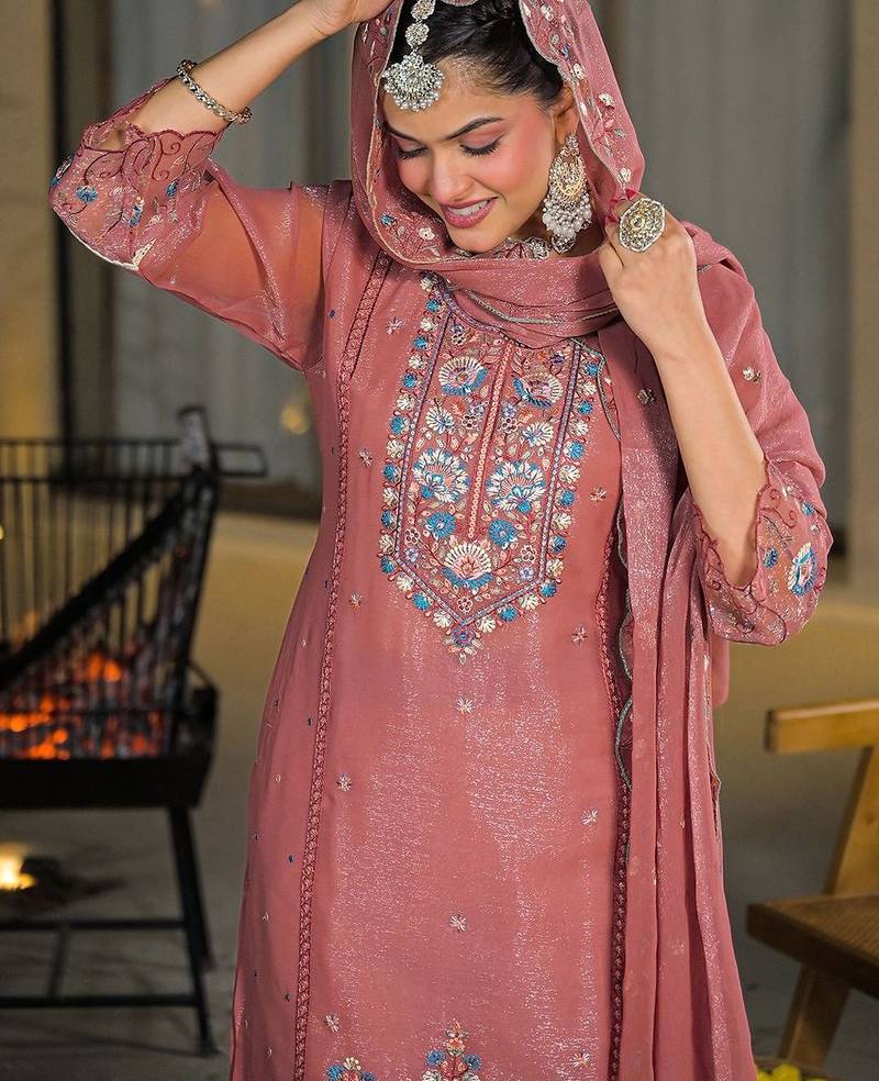 Women Ethnic Motifs Embroidered Regular Thread Work Silk Chiffon Kurta with Trousers & With Dupatta