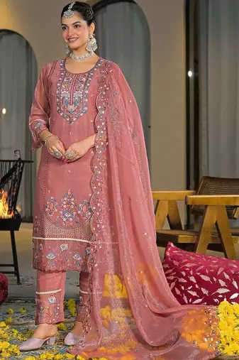 Women Ethnic Motifs Embroidered Regular Thread Work Silk Chiffon Kurta with Trousers & With Dupatta