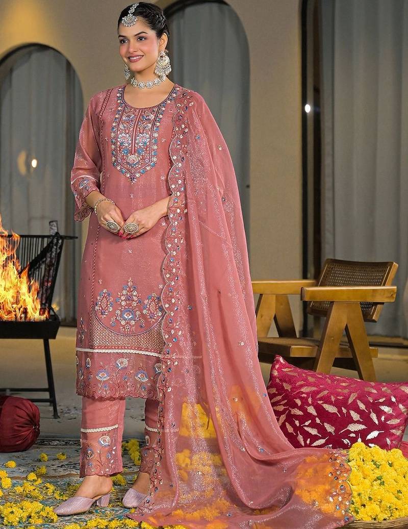Women Ethnic Motifs Embroidered Regular Thread Work Silk Chiffon Kurta with Trousers & With Dupatta