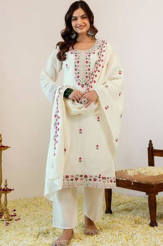 Floral Embroidered Regular Thread Work Kurta with Palazzos With Dupatta