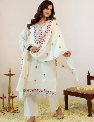 Floral Embroidered Regular Thread Work Kurta with Palazzos With Dupatta 6