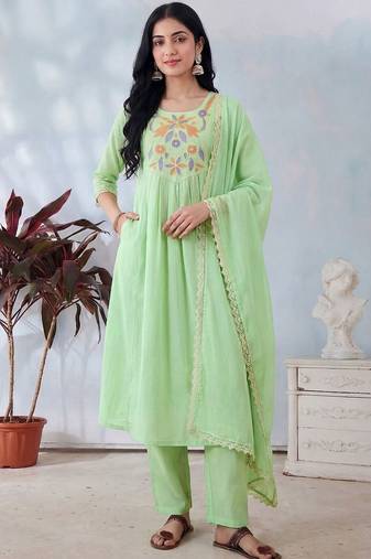 Women Green Pure Cotton Embroidered Straight Kurta Trousers with Dupatta