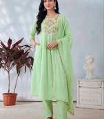 Women Green Pure Cotton Embroidered Straight Kurta Trousers with Dupatta