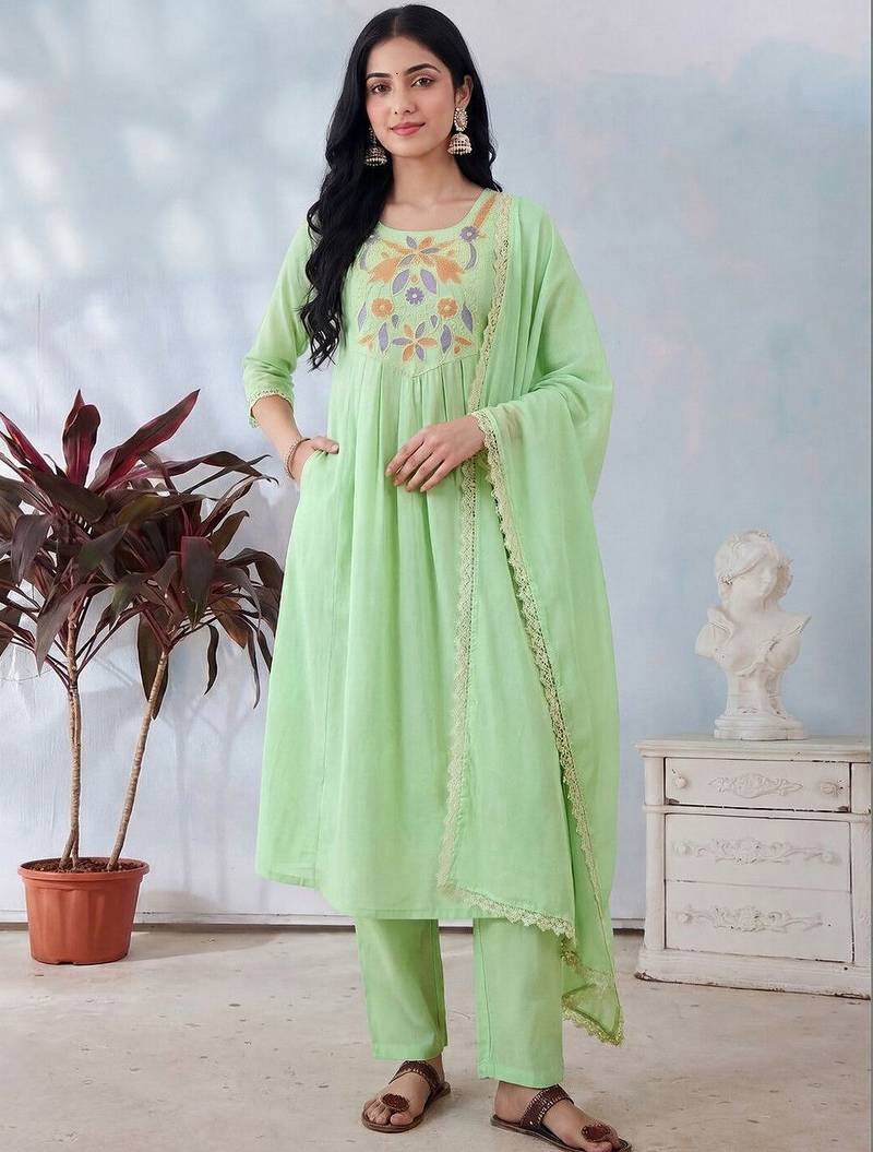 Women Green Pure Cotton Embroidered Straight Kurta Trousers with Dupatta