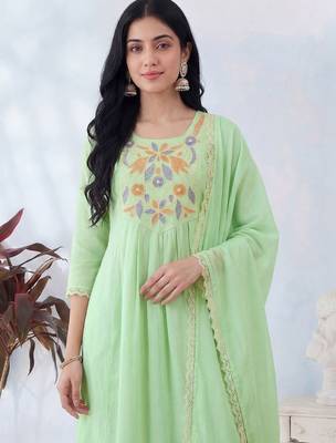 Women Green Pure Cotton Embroidered Straight Kurta Trousers with Dupatta 2