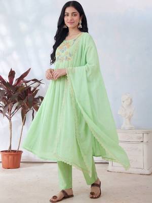 Women Green Pure Cotton Embroidered Straight Kurta Trousers with Dupatta 5