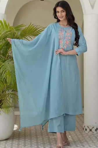 Women Ethnic Motifs Embroidered Regular Thread Work Kurta with Trousers & With Dupatta