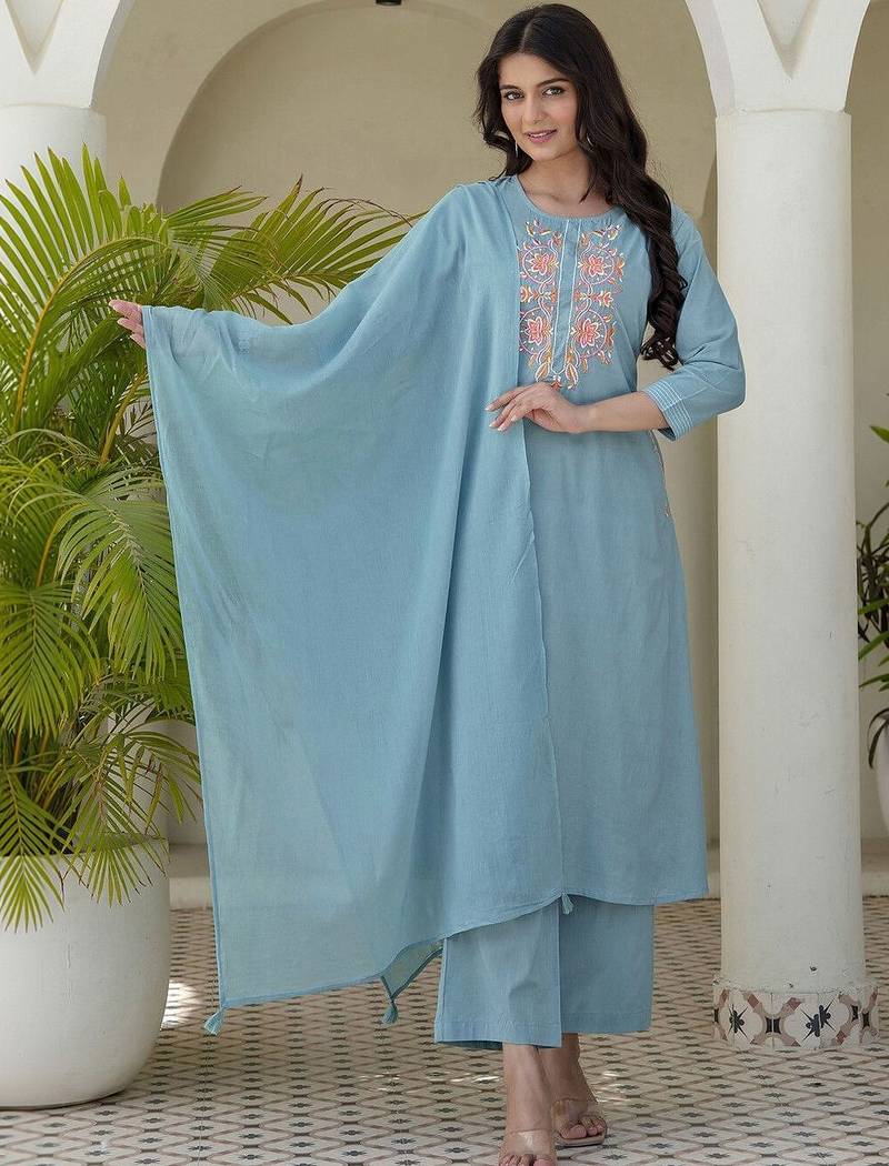 Women Ethnic Motifs Embroidered Regular Thread Work Kurta with Trousers & With Dupatta