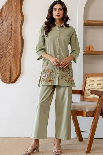 Embroidered Light Sage Green Viscose Rayon Co Ords for Women