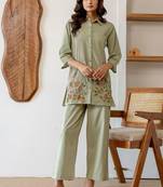 Embroidered Light Sage Green Viscose Rayon Co Ords for Women