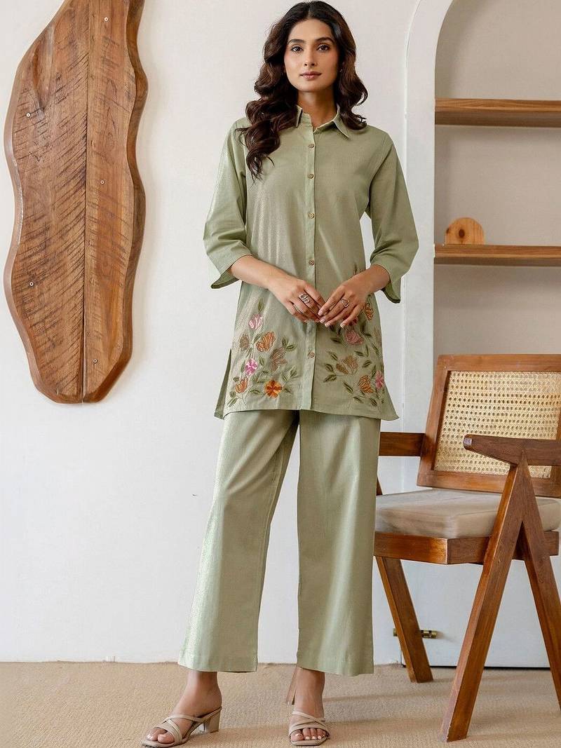 Embroidered Light Sage Green Viscose Rayon Co Ords for Women