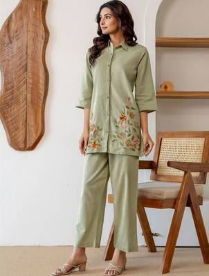 Embroidered Light Sage Green Viscose Rayon Co Ords for Women 3