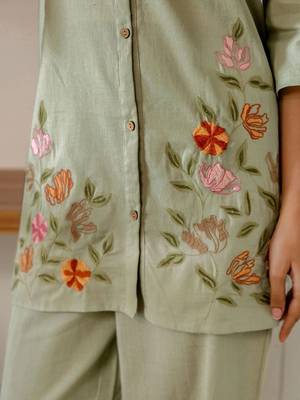 Embroidered Light Sage Green Viscose Rayon Co Ords for Women 4