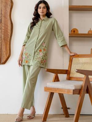 Embroidered Light Sage Green Viscose Rayon Co Ords for Women 7