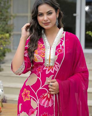 Women Floral Printed Regular Gotta Patti Silk Crepe Kurta with Palazzos & With Dupatta 2