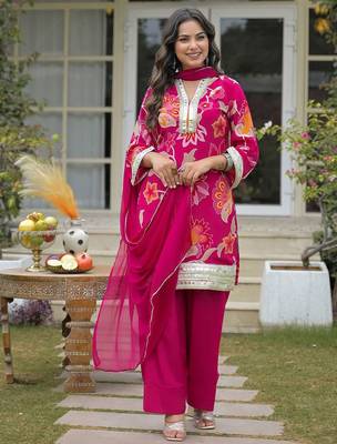Women Floral Printed Regular Gotta Patti Silk Crepe Kurta with Palazzos & With Dupatta 1