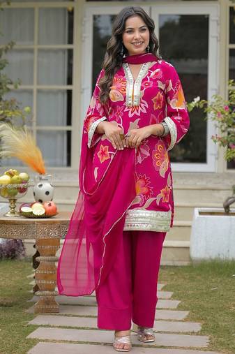 Women Floral Printed Regular Gotta Patti Silk Crepe Kurta with Palazzos & With Dupatta