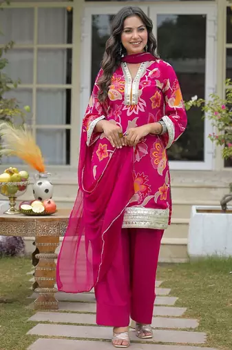 Women Floral Printed Regular Gotta Patti Silk Crepe Kurta with Palazzos & With Dupatta