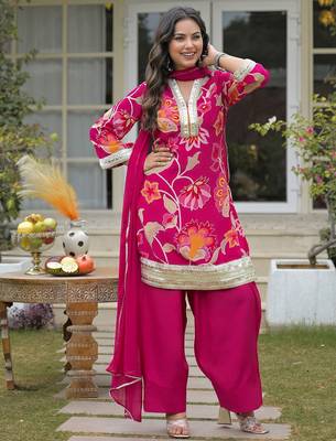 Women Floral Printed Regular Gotta Patti Silk Crepe Kurta with Palazzos & With Dupatta 4
