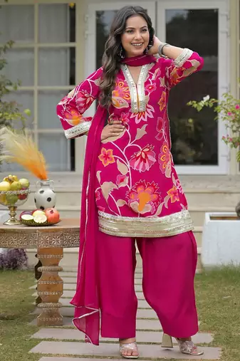 Women Floral Printed Regular Gotta Patti Silk Crepe Kurta with Palazzos & With Dupatta