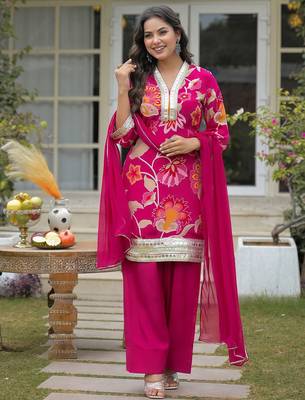 Women Floral Printed Regular Gotta Patti Silk Crepe Kurta with Palazzos & With Dupatta 5