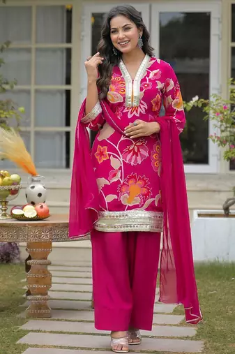 Women Floral Printed Regular Gotta Patti Silk Crepe Kurta with Palazzos & With Dupatta