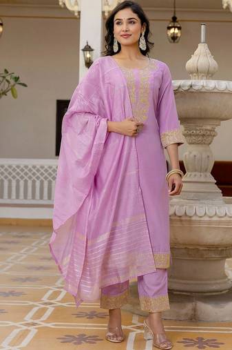 Women Ethnic Motifs Embroidered Regular Kurta with Trousers & With Dupatta