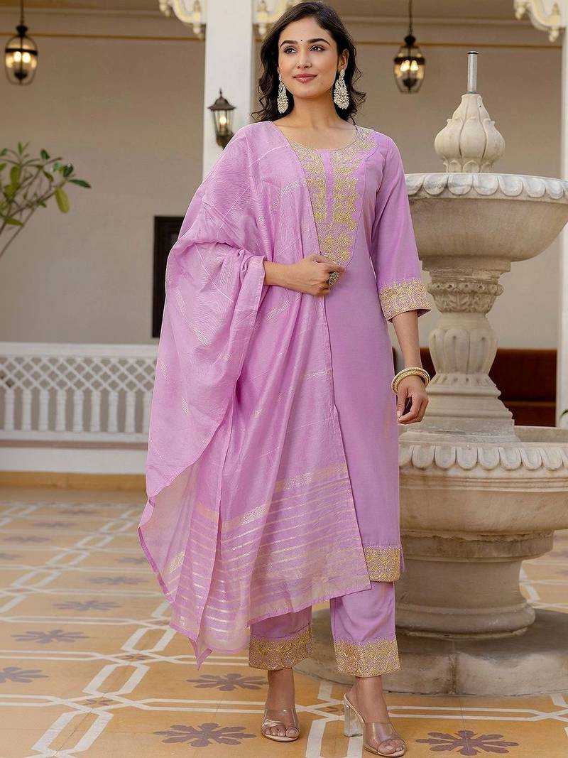 Women Ethnic Motifs Embroidered Regular Kurta with Trousers & With Dupatta