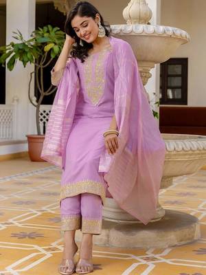 Women Ethnic Motifs Embroidered Regular Kurta with Trousers & With Dupatta 4