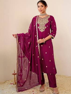 Women Ethnic Motifs Embroidered Regular Kurta with Trousers & Dupatta 1