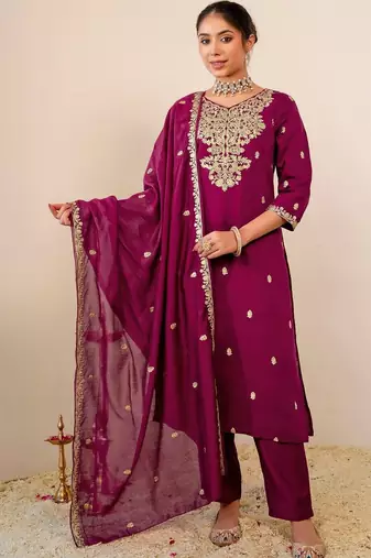 Women Ethnic Motifs Embroidered Regular Kurta with Trousers & Dupatta
