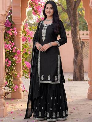 Women Ethnic Motifs Embroidered Regular Thread Work Kurta with Sharara & With Dupatta 1