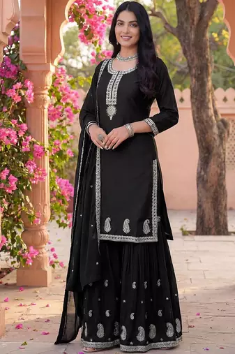 Women Ethnic Motifs Embroidered Regular Thread Work Kurta with Sharara & With Dupatta