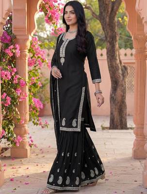 Women Ethnic Motifs Embroidered Regular Thread Work Kurta with Sharara & With Dupatta 4