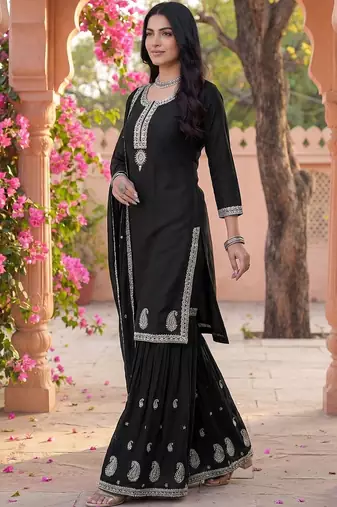 Women Ethnic Motifs Embroidered Regular Thread Work Kurta with Sharara & With Dupatta