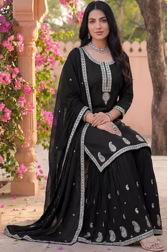 Women Ethnic Motifs Embroidered Regular Thread Work Kurta with Sharara & With Dupatta